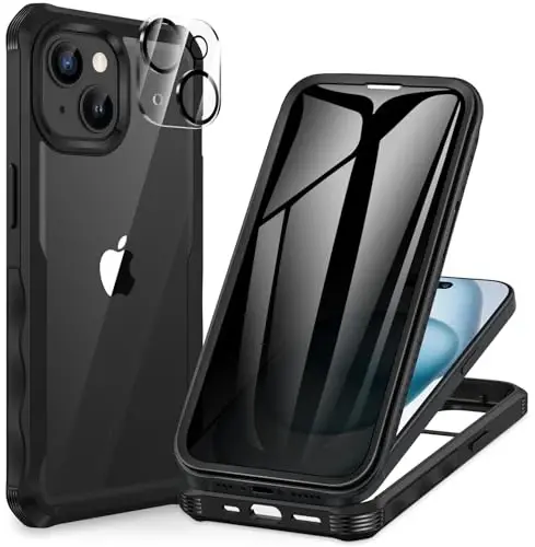 CENHUFO for iPhone 15 Case, Privacy Phone Cover with Built-in Anti Peep Tempered Glass Privacy Screen Protector and Camera Lens Protective, Full Body Shockproof Anti Spy Clear Double Bumper - Black - 6