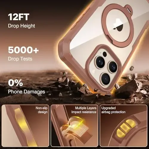 CENHUFO for iPhone 16 Pro Case [Compatible with Magsafe] Full Body Phone Case Built-in 9H Tempered Glass Privacy Screen Protector and 360° Spin Magnetic Stand Ring, Camera Lens Cover - Desert Brown - 6