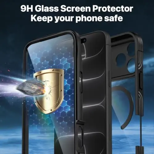 CENHUFO for iPhone 18 Pro Case/for iPhone 17 Pro Case,Compatible with MagSafe with Built-in 9H Tempered Glass Screen Protectorand Magnetic Stand Ring Shock- and Drop-Resistant Deep Black - 2