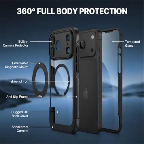 CENHUFO for iPhone 18 Pro Case/for iPhone 17 Pro Case,Compatible with MagSafe with Built-in 9H Tempered Glass Screen Protectorand Magnetic Stand Ring Shock- and Drop-Resistant Deep Black - 5