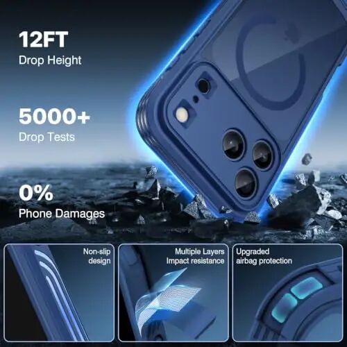 CENHUFO for iPhone 18 Pro Case/for iPhone 17 Pro Case,Compatible with MagSafe with Built-in 9H Tempered Glass Screen Protectorand Magnetic Stand Ring Shock- and Drop-Resistant Deep Blue - 3
