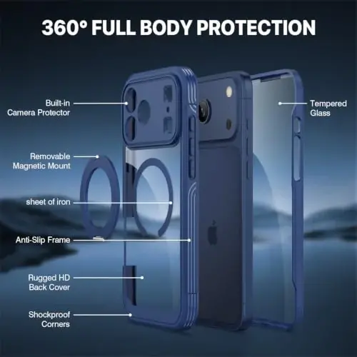 CENHUFO for iPhone 18 Pro Case/for iPhone 17 Pro Case,Compatible with MagSafe with Built-in 9H Tempered Glass Screen Protectorand Magnetic Stand Ring Shock- and Drop-Resistant Deep Blue - 5