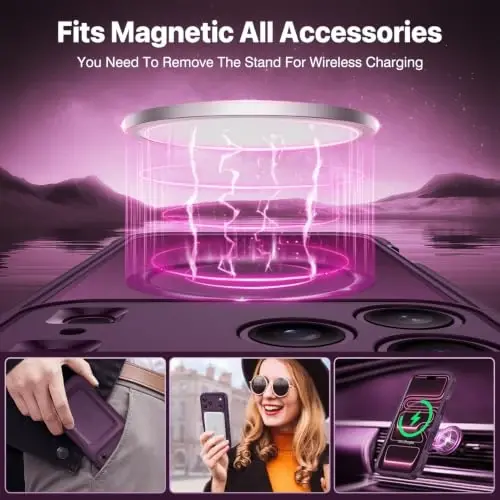 CENHUFO for iPhone 18 Pro Case/for iPhone 17 Pro Case,Compatible with MagSafe with Built-in 9H Tempered Glass Screen Protectorand Magnetic Stand Ring Shock- and Drop-Resistant Deep Burgundy - 4