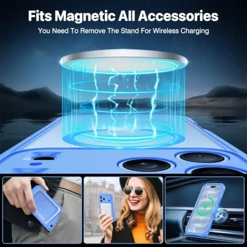 CENHUFO for iPhone 18 Pro Case/for iPhone 17 Pro Case,Compatible with MagSafe with Built-in 9H Tempered Glass Screen Protectorand Magnetic Stand Ring Shock- and Drop-Resistant Deep Light Blue - 4