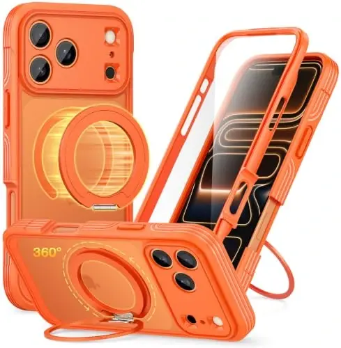 CENHUFO for iPhone 18 Pro Case/for iPhone 17 Pro Case,Compatible with MagSafe with Built-in 9H Tempered Glass Screen Protectorand Magnetic Stand Ring Shock- and Drop-Resistant Deep Orange - 1