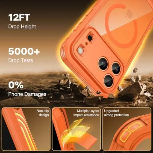CENHUFO for iPhone 18 Pro Case/for iPhone 17 Pro Case,Compatible with MagSafe with Built-in 9H Tempered Glass Screen Protectorand Magnetic Stand Ring Shock- and Drop-Resistant Deep Orange - 3