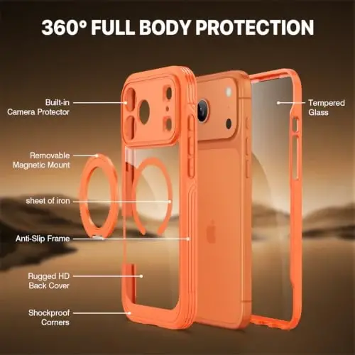 CENHUFO for iPhone 18 Pro Case/for iPhone 17 Pro Case,Compatible with MagSafe with Built-in 9H Tempered Glass Screen Protectorand Magnetic Stand Ring Shock- and Drop-Resistant Deep Orange - 5