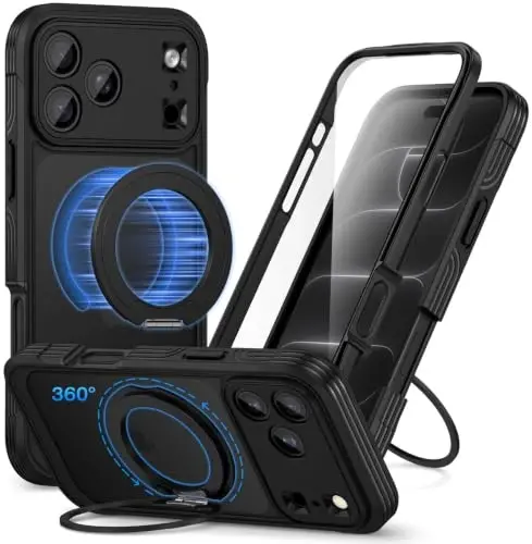 CENHUFO for iPhone 18 Pro Max Case/for iPhone 17 Pro Max Case,Compatible with MagSafe with Built-in 9H Tempered Glass Screen Protectorand Magnetic Stand Ring Shock- and Drop-Resistant Deep Black - 1