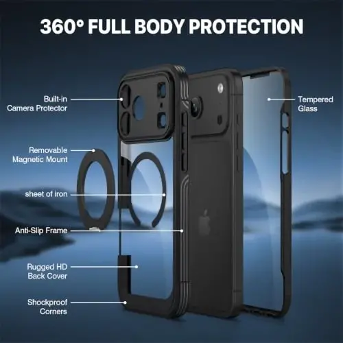 CENHUFO for iPhone 18 Pro Max Case/for iPhone 17 Pro Max Case,Compatible with MagSafe with Built-in 9H Tempered Glass Screen Protectorand Magnetic Stand Ring Shock- and Drop-Resistant Deep Black - 5