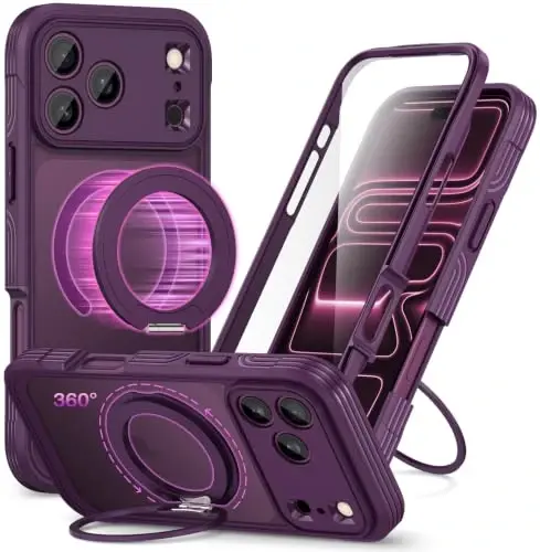 CENHUFO for iPhone 18 Pro Max Case/for iPhone 17 Pro Max Case,Compatible with MagSafe with Built-in 9H Tempered Glass Screen Protectorand Magnetic Stand Ring Shock- and Drop-Resistant Deep Burgundy - 1