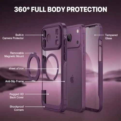 CENHUFO for iPhone 18 Pro Max Case/for iPhone 17 Pro Max Case,Compatible with MagSafe with Built-in 9H Tempered Glass Screen Protectorand Magnetic Stand Ring Shock- and Drop-Resistant Deep Burgundy - 5