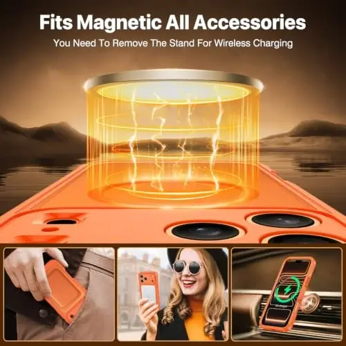 CENHUFO for iPhone 18 Pro Max Case/for iPhone 17 Pro Max Case,Compatible with MagSafe with Built-in 9H Tempered Glass Screen Protectorand Magnetic Stand Ring Shock- and Drop-Resistant Deep Orange - 4