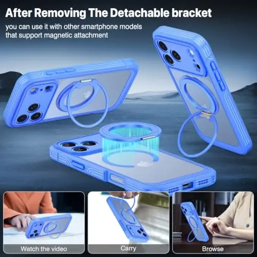 CENHUFO for iPhone 18 Pro Max Case/iPhone 17 Pro Max Case,Compatible with MagSafe with Built-in 9H Tempered Glass Screen Protectorand Magnetic Stand Ring Shock- and Drop-Resistant Deep Light Blue - 2