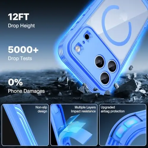 CENHUFO for iPhone 18 Pro Max Case/iPhone 17 Pro Max Case,Compatible with MagSafe with Built-in 9H Tempered Glass Screen Protectorand Magnetic Stand Ring Shock- and Drop-Resistant Deep Light Blue - 3
