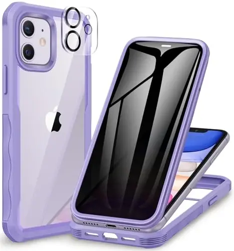 CENHUFO Privacy for iPhone 11 Case, Full Body Phone Case with Built-in 9H Tempered Glass Privacy Screen Protector and Camera Lens Protector, Anti Peep Spy Shockproof Bumper Clear Cover - Purple - 6