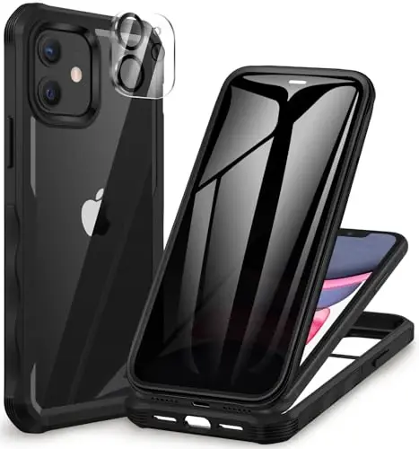 CENHUFO Privacy for iPhone 11 Case, Full Body Phone Case with Built-in 9H Tempered Glass Privacy Screen Protector and Camera Lens Protector, Anti Peep Spy Shockproof Bumper Clear Cover - Black - 1
