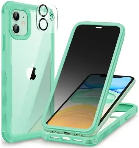 CENHUFO Privacy for iPhone 11 Case, Full Body Phone Case with Built-in 9H Tempered Glass Privacy Screen Protector and Camera Lens Protector, Anti Peep Spy Shockproof Bumper Clear Cover - Green 
