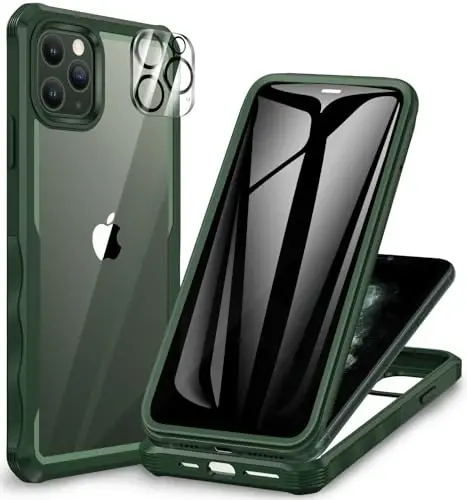 CENHUFO Privacy for iPhone 11 Pro Case, Full Body Phone Case with Built-in 9H Tempered Glass Privacy Screen Protector and Camera Lens Protector, Anti Peep Spy Shockproof Bumper Clear Cover - Green - 6