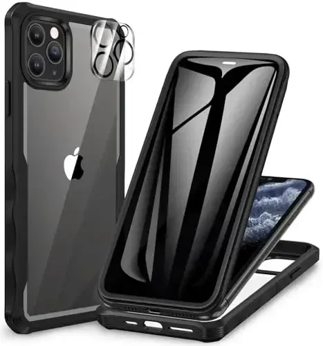 CENHUFO Privacy for iPhone 11 Pro Case, Full Body Phone Case with Built-in 9H Tempered Glass Privacy Screen Protector and Camera Lens Protector, Anti Peep Spy Shockproof Bumper Clear Cover - Black 