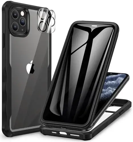 CENHUFO Privacy for iPhone 11 Pro Case, Full Body Phone Case with Built-in 9H Tempered Glass Privacy Screen Protector and Camera Lens Protector, Anti Peep Spy Shockproof Bumper Clear Cover - Black 