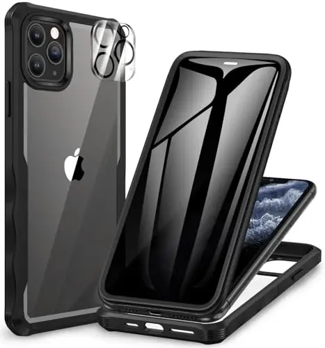 CENHUFO Privacy for iPhone 11 Pro Max Case, Full Body Phone Case with Built-in 9H Tempered Glass Privacy Screen Protector and Camera Lens Protector, Anti Peep Shockproof Bumper Clear Cover - Black 