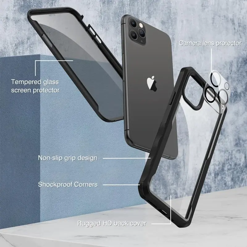 CENHUFO iPhone 11 Pro Max uchun maxfiylik qopqog'i, o'rnatilgan 9H temperli shisha maxfiylik ekran himoyachisi va kamera linzalari himoyachisi bilan to'liq korpusli telefon qopqog'i, o'g'irlikdan himoya zarbaga chidamli bamper shaffof qopqoq - qora - 3