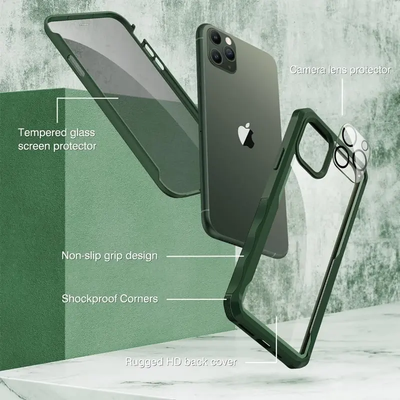 CENHUFO iPhone 11 Pro Max uchun maxfiylik qopqog'i, o'rnatilgan 9H temperli shisha maxfiylik ekran himoyachisi va kamera linzalari himoyachisi, zarbaga chidamli tamponli shaffof qopqoqli to'liq korpusli telefon qutisi - Yashil - 2