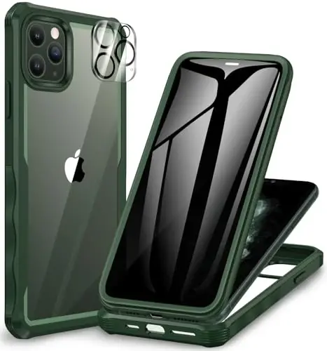 CENHUFO iPhone 11 Pro Max uchun maxfiylik qopqog'i, o'rnatilgan 9H temperli shisha maxfiylik ekran himoyachisi va kamera linzalari himoyachisi, zarbaga chidamli tamponli shaffof qopqoqli to'liq korpusli telefon qutisi - Yashil - 6