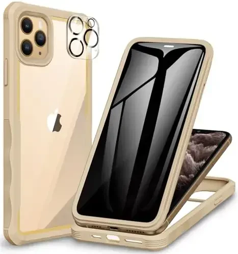 CENHUFO iPhone 11 Pro Max uchun shaxsiy qulf, o'rnatilgan 9H temperli shisha shaxsiy ekran himoyachisi va kamera linzalari himoyachisi, zarbaga chidamli bamper shaffof qopqog'i bilan to'liq korpusli telefon qulfi - Bej - 6