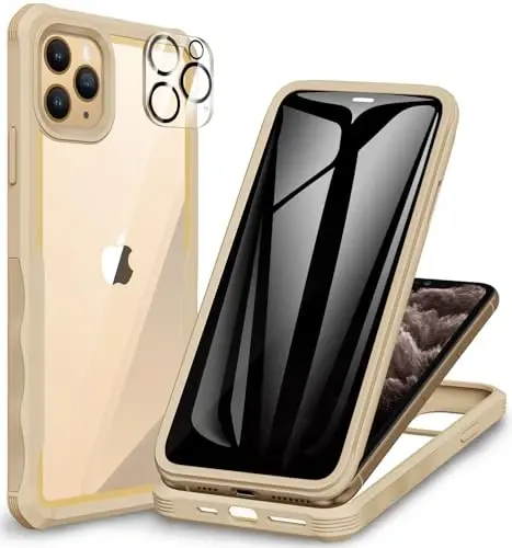 CENHUFO iPhone 11 Pro uchun shaxsiy qopqoq, o'rnatilgan 9H temperli shisha shaxsiy ekran himoyachisi va kamera linzalari himoyachisi, anti-peep josus zarbaga chidamli bamper shaffof qopqoqli to'liq tanali telefon qopqog'i - Bej - 6