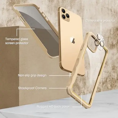 CENHUFO iPhone 11 Pro uchun shaxsiy qopqoq, o'rnatilgan 9H temperli shisha shaxsiy ekran himoyachisi va kamera linzalari himoyachisi, anti-peep josus zarbaga chidamli bamper shaffof qopqoqli to'liq tanali telefon qopqog'i - Bej - CENHUFO (1)