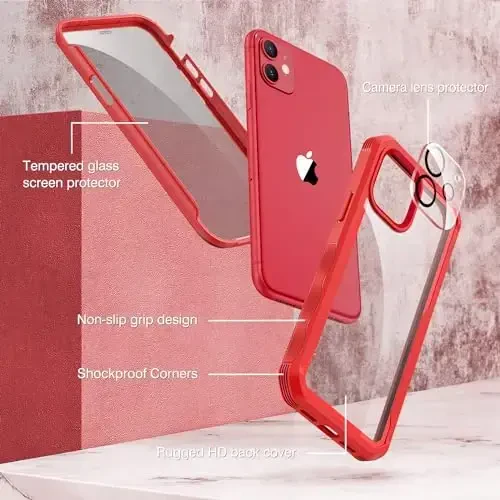CENHUFO iPhone 11 uchun himoya qutisi, o'rnatilgan 9H temperli shisha maxfiylik ekrani va kamera linzalari himoyachisi, o'g'irlikdan himoya qiluvchi zarbaga chidamli bamper shaffof qopqoqli to'liq korpusli telefon qutisi - Qizil - CENHUFO (1)