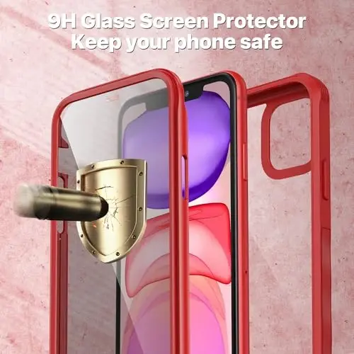 CENHUFO iPhone 11 uchun himoya qutisi, o'rnatilgan 9H temperli shisha maxfiylik ekrani va kamera linzalari himoyachisi, o'g'irlikdan himoya qiluvchi zarbaga chidamli bamper shaffof qopqoqli to'liq korpusli telefon qutisi - Qizil - 3