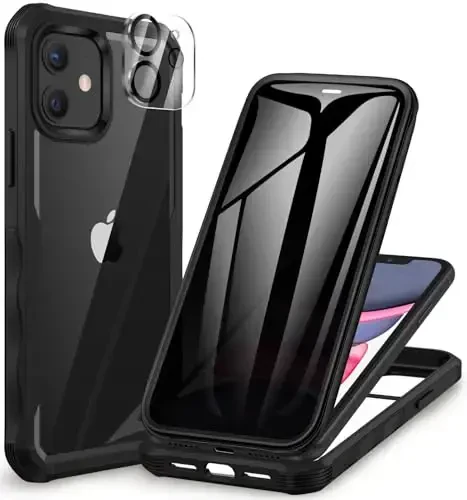 CENHUFO iPhone 11 uchun Privacy Case, oʻrnatilgan 9H temperlangan shisha Privacy Screen Protector va kamera linzalari himoyachisi, Anti Peep Spy zarbaga chidamli bamperli tiniq qopqoqli toʻliq tanali telefon qutisi - Qora 