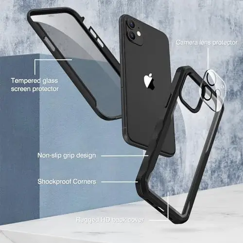 CENHUFO iPhone 11 uchun Privacy Case, oʻrnatilgan 9H temperlangan shisha Privacy Screen Protector va kamera linzalari himoyachisi, Anti Peep Spy zarbaga chidamli bamperli tiniq qopqoqli toʻliq tanali telefon qutisi - Qora - 3