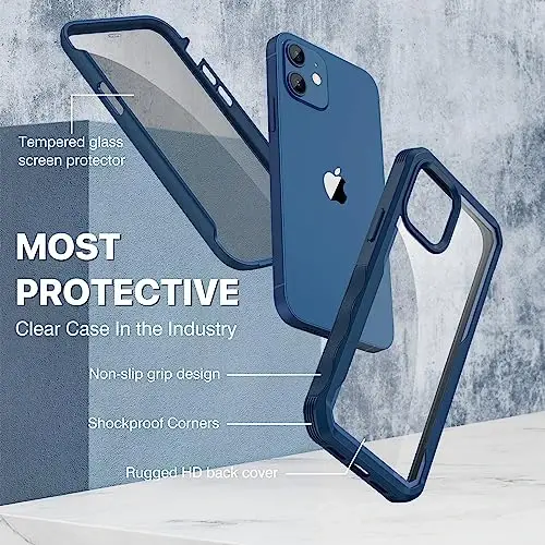 CENHUFO iPhone 12 Case/iPhone 12 Pro Case uchun maxfiylik, o'rnatilgan 9H temperlangan shisha maxfiylik ekran himoyachisi va kamera linzalari himoyachisi, zarbga chidamli bamper shaffof qopqoq - Moviy - CENHUFO (1)