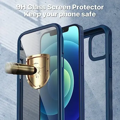 CENHUFO iPhone 12 Case/iPhone 12 Pro Case uchun maxfiylik, o'rnatilgan 9H temperlangan shisha maxfiylik ekran himoyachisi va kamera linzalari himoyachisi, zarbga chidamli bamper shaffof qopqoq - Moviy - 3