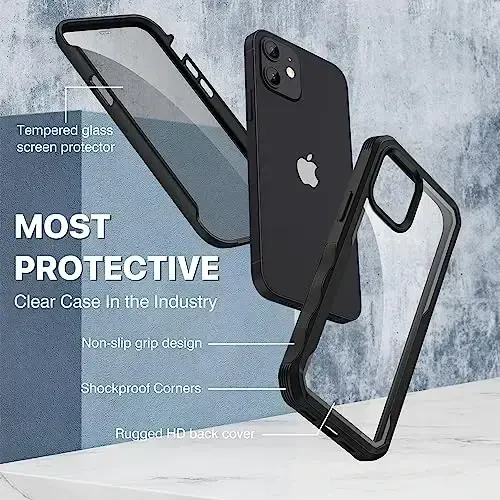 CENHUFO iPhone 12 Case/iPhone 12 Pro Case uchun maxfiylik, Oʻrnatilgan 9H temperli shisha maxfiylik ekran himoyachisi va kamera linzalari himoyachisi bilan toʻliq korpusli telefon qutisi, zarbga chidamli bamper shaffof qopqoq - qora - 3