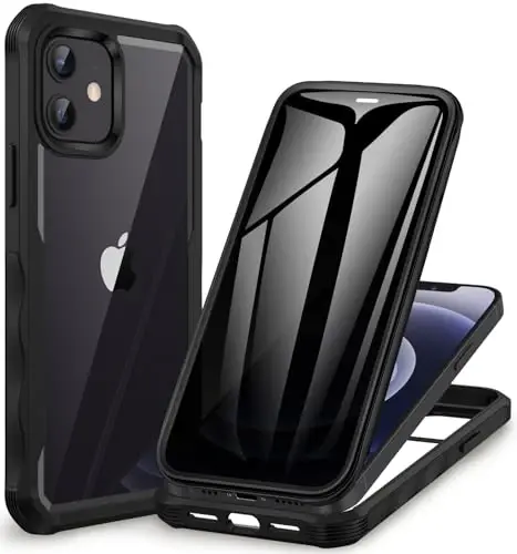 CENHUFO iPhone 12 Case/iPhone 12 Pro Case uchun maxfiylik, Oʻrnatilgan 9H temperli shisha maxfiylik ekran himoyachisi va kamera linzalari himoyachisi bilan toʻliq korpusli telefon qutisi, zarbga chidamli bamper shaffof qopqoq - qora 