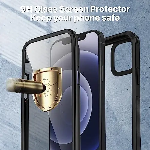 CENHUFO iPhone 12 Case/iPhone 12 Pro Case uchun maxfiylik, Oʻrnatilgan 9H temperli shisha maxfiylik ekran himoyachisi va kamera linzalari himoyachisi bilan toʻliq korpusli telefon qutisi, zarbga chidamli bamper shaffof qopqoq - qora - 4