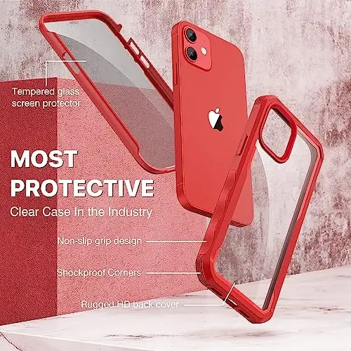 CENHUFO iPhone 12 Case/iPhone 12 Pro Case uchun maxfiylik, o'rnatilgan 9H temperli shisha maxfiylik ekran himoyachisi va kamera linzalari himoyachisi, zarbaga chidamli bamperli shaffof qopqoq - Qizil - 2