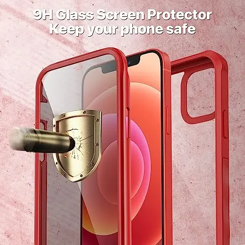 CENHUFO iPhone 12 Case/iPhone 12 Pro Case uchun maxfiylik, o'rnatilgan 9H temperli shisha maxfiylik ekran himoyachisi va kamera linzalari himoyachisi, zarbaga chidamli bamperli shaffof qopqoq - Qizil - 3