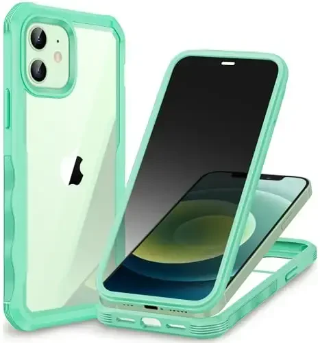 CENHUFO Privacy for iPhone 12 Case/iPhone 12 Pro Case, Full Body Phone Case with Built-in 9H Tempered Glass Privacy Screen Protector and Camera Lens Protector, Shockproof Bumper Clear Cover -Green 