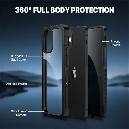 CENHUFO Privacy for iPhone 12 Mini Case, Full Body Phone Case with Built-in 9H Tempered Glass Privacy Screen Protector, Anti Peep Anti Spy Shockproof Protective Bumper Clear Cover - Black - 3