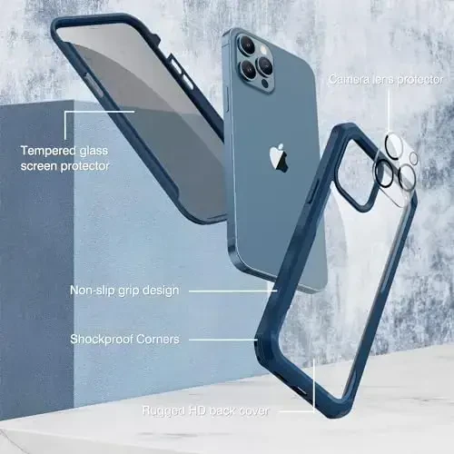CENHUFO Privacy for iPhone 12 Pro Max Case, Full Body Phone Case with Built-in 9H Tempered Glass Privacy Screen Protector and Camera Lens Protector, Anti Peep Shockproof Bumper Clear Cover - Blue - 2