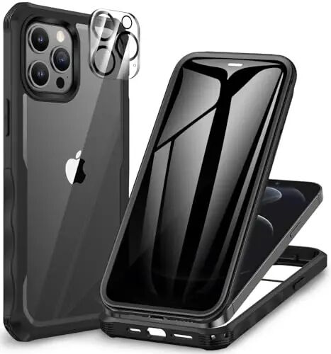 CENHUFO Privacy for iPhone 12 Pro Max Case, Full Body Phone Case with Built-in 9H Tempered Glass Privacy Screen Protector and Camera Lens Protector, Anti Peep Shockproof Bumper Clear Cover - Black - CENHUFO