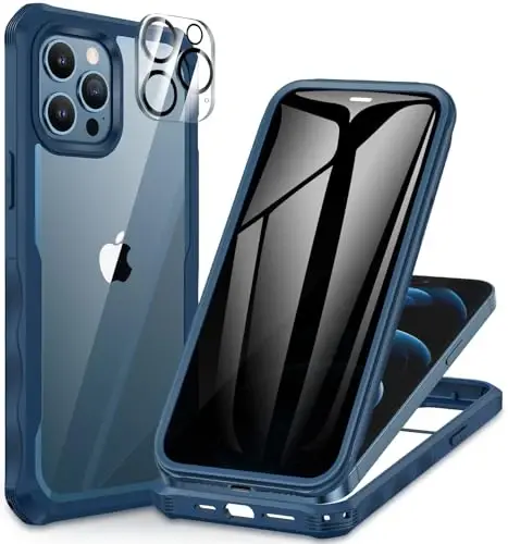 CENHUFO iPhone 12 Pro Max uchun maxfiylik g‘ilofi, o‘rnatilgan 9H temperlangan shisha maxfiylik ekrani va kamera linzalari himoyachisi, zarbaga chidamli bamperli shaffof qopqoqli to‘liq korpusli telefon g‘ilofi - ko‘k - 6