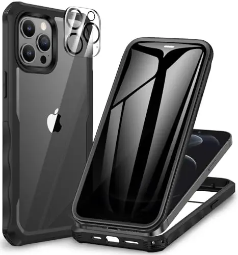 CENHUFO iPhone 12 Pro Max uchun maxfiylik qopqog'i, o'rnatilgan 9H temperli shisha maxfiylik ekran himoyachisi va kamera linzalari himoyachisi, zarbaga chidamli bamperli tiniq qopqoq - qora bilan to'liq korpusli telefon qutisi 