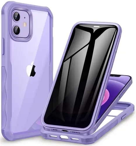 CENHUFO Privacy for iPhone 12 Case/iPhone 12 Pro Case, Full Body Phone Case with Built-in Tempered Glass Privacy Screen Protector and Camera Lens Protector, Shockproof Bumper Clear Cover -Purple - 6