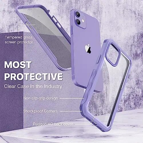CENHUFO Privacy for iPhone 12 Case/iPhone 12 Pro Case, Full Body Phone Case with Built-in Tempered Glass Privacy Screen Protector and Camera Lens Protector, Shockproof Bumper Clear Cover -Purple - 2